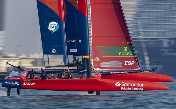 Spain SailGP Team helmed by Diego Botin in action on Race Day 2 of the Emirates Dubai Sail Grand Prix presented by P&O Marinas in Dubai, UAE. Sunday 24 November 2024. Photo: Felix Diemer for SailGP. Handout image supplied by SailGP
