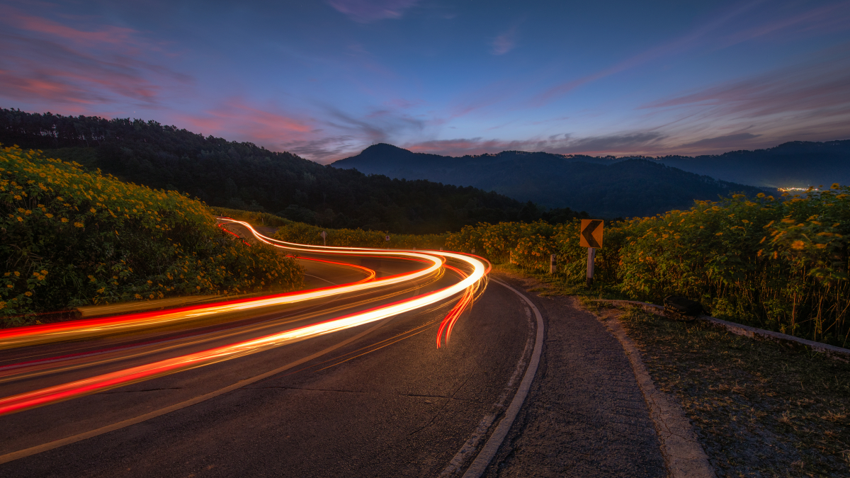 Long-exposure car headlights at night