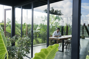 Person working in luxurious modern home